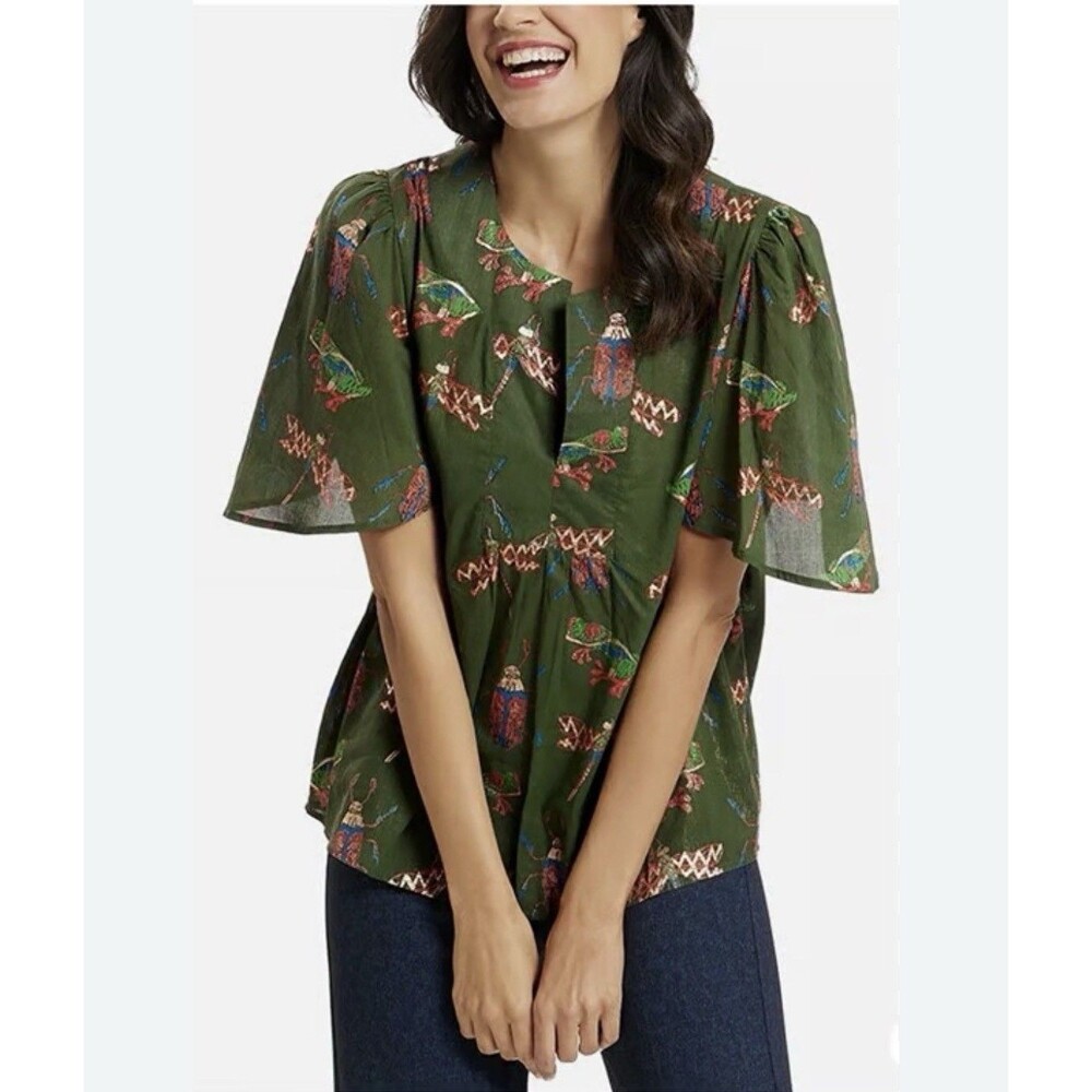 Jude Connally Olive Green Printed Flutter Sleeve Blouse